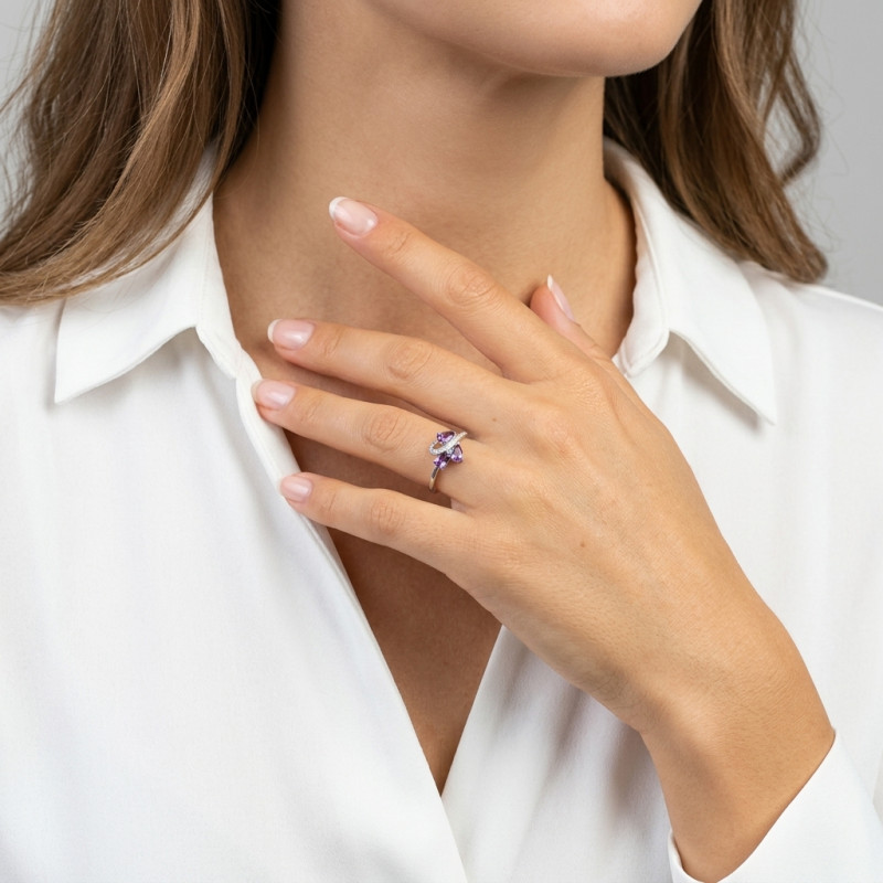 Bague Or blanc 375 Améthyste et Diamant porté