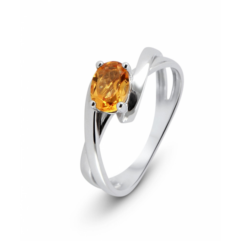 Bague Or Blanc 375 Citrine Ovale 7x5mm 