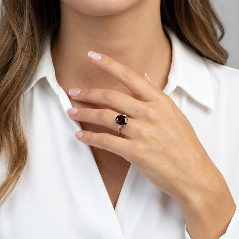 Bague Or blanc 375 Grenat Ovale 12x10mm et Diamant porté