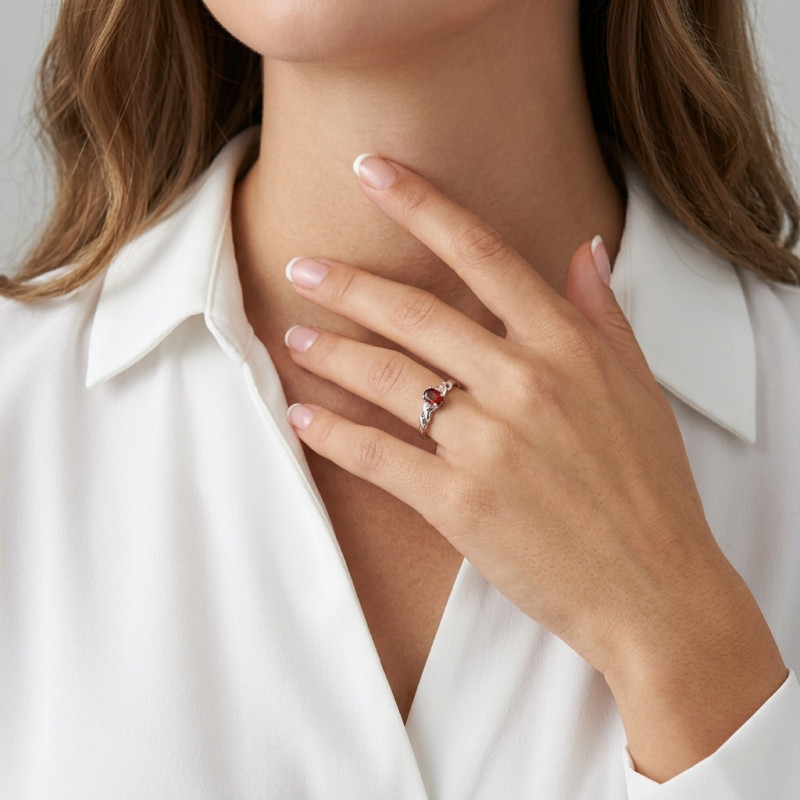 Bague Or Blanc 375 Grenat Ovale 6x4mm et Diamant porté