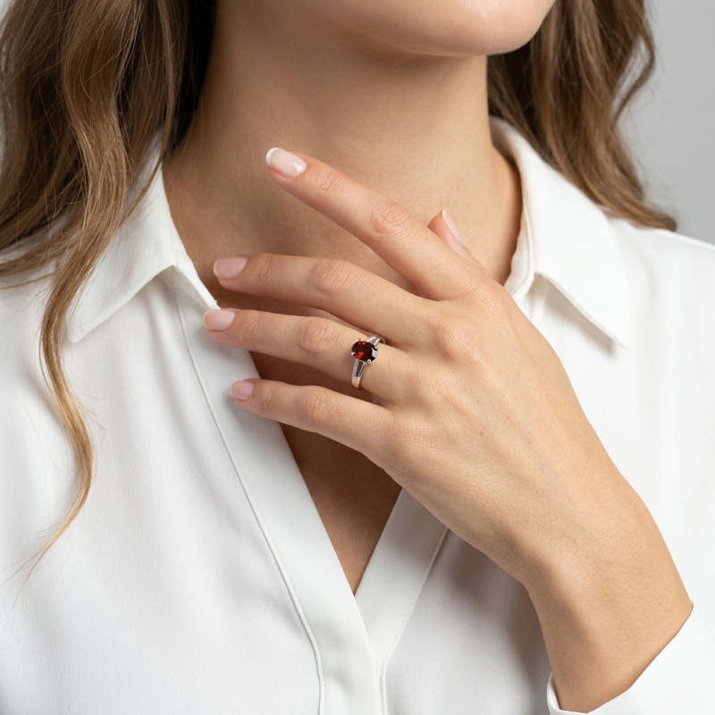 Bague Or blanc 375 Grenat Ovale 9x7mm et Diamant porté