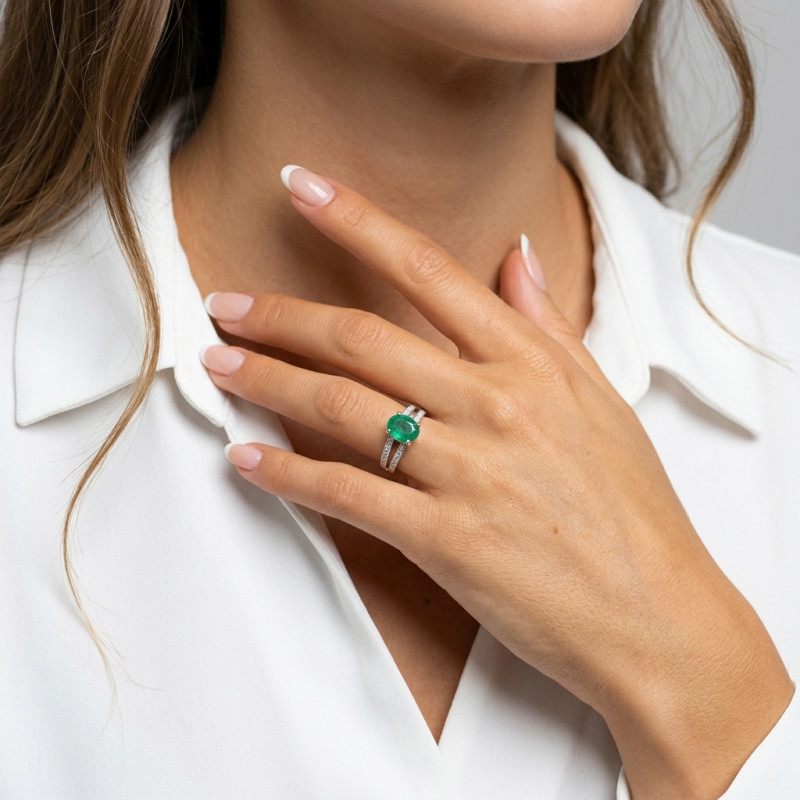 Bague Or Blanc 750  émeraude ovale 9x7mm AAA et diamants porté