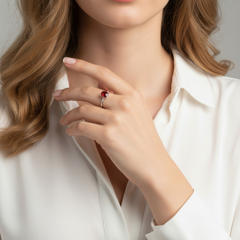Bague Or Blanc 750 Grenat Coussin 8x6mm et Diamant porté