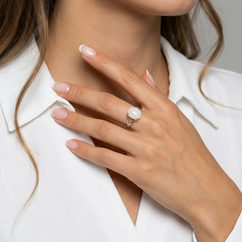 Bague Or Blanc  750 Opale Ovale 12x10mm porté