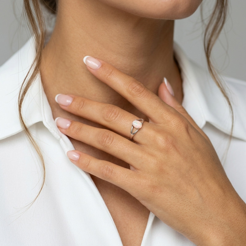 Bague Or Blanc 750 Opale Ovale 7x5mm porté