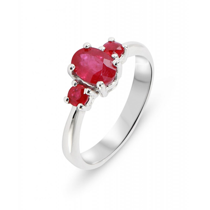 Bague Or Blanc 750 Rubis Ovale et Ronds