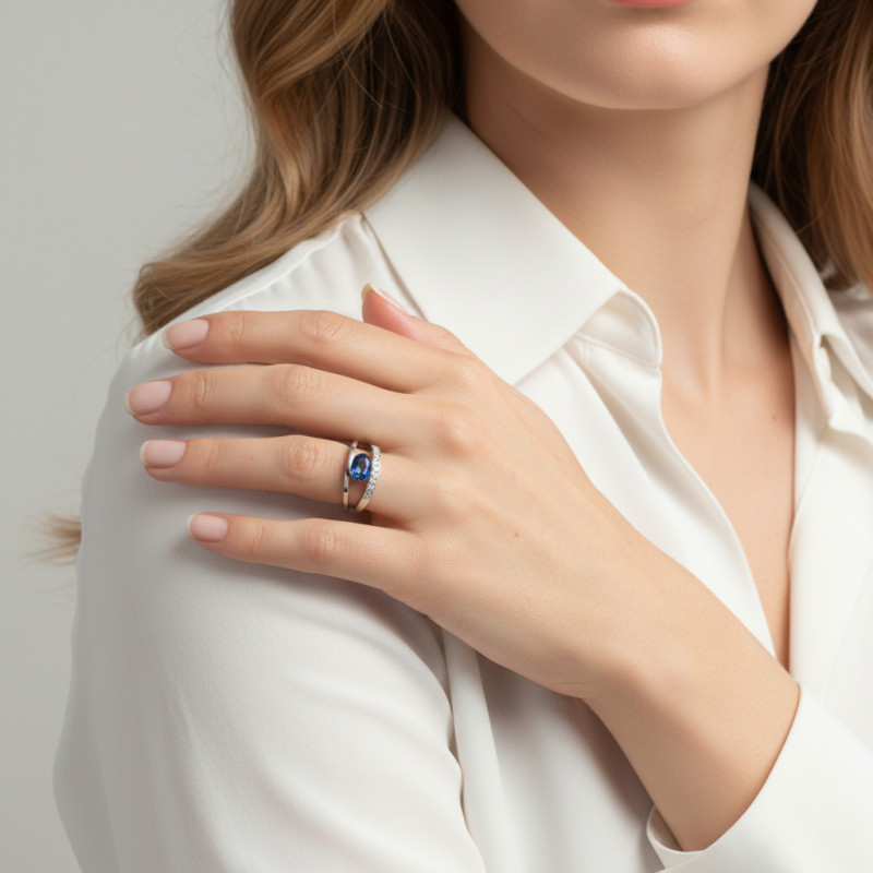 Bague Or Blanc 750 Saphir 8x6mm et Diamant porté