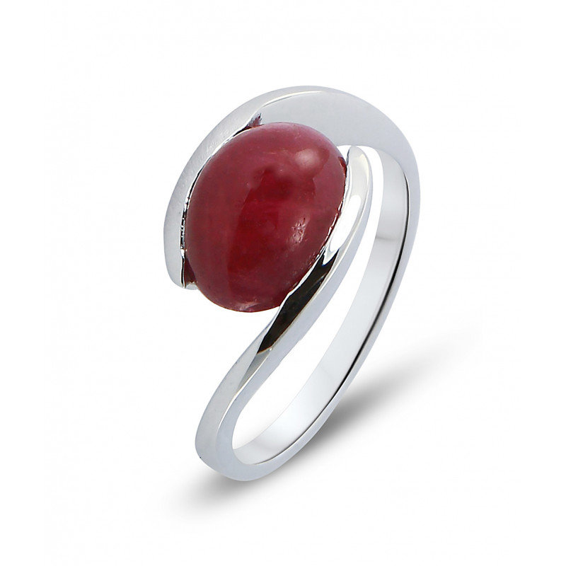 Bague Or Blanc Rubis Ovale Cabochon 10x8mm