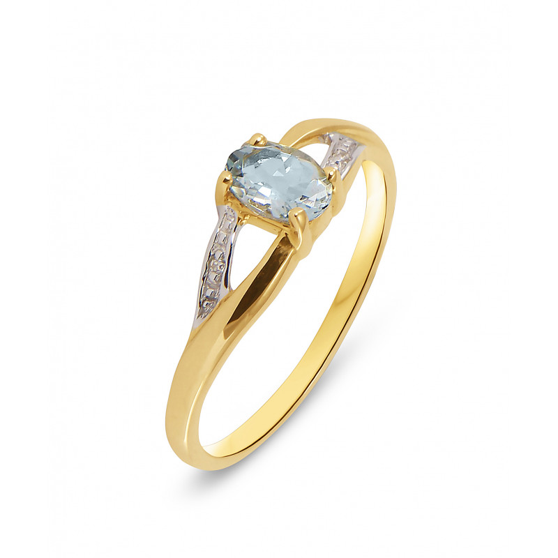 Bague Or Jaune 375 Aigue Marine Ovale et Diamant