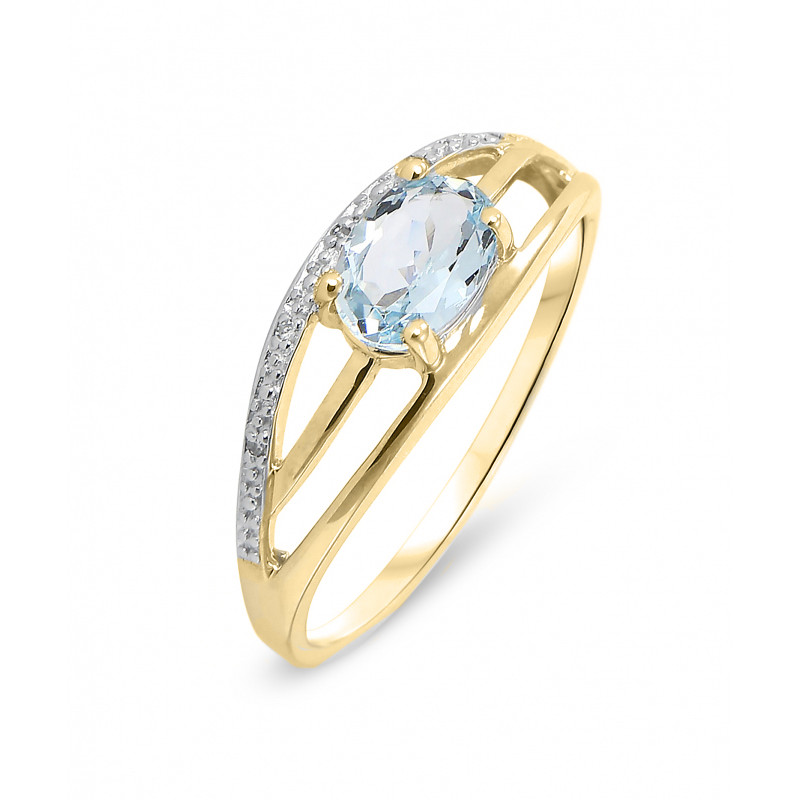 Bague Or Jaune 375 Topaze Bleue Ovale 7x5mm et Diamant