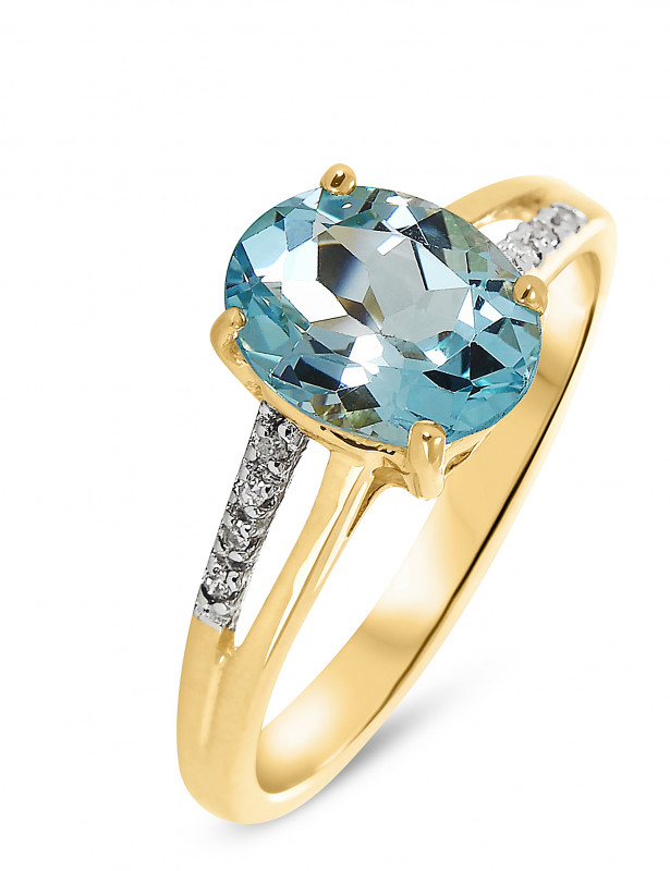 Bague Or jaune 375 Topaze Bleue Ovale 9x7mm et Diamant