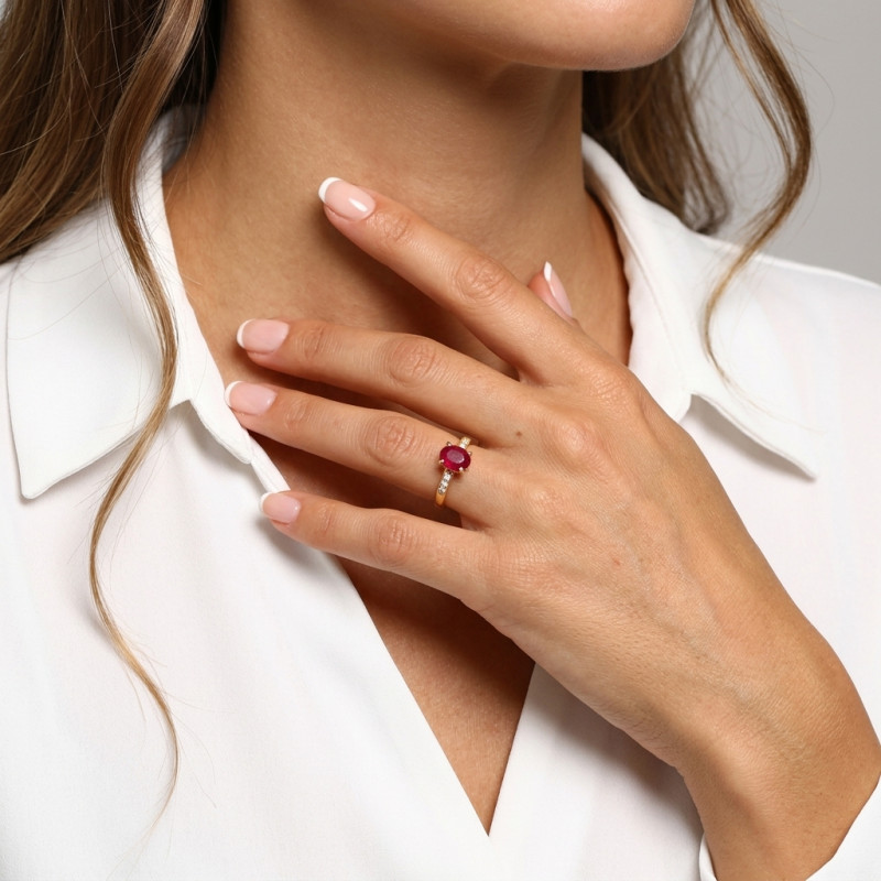 Bague Or Jaune 750 Rubis Cabochon et diamants porté
