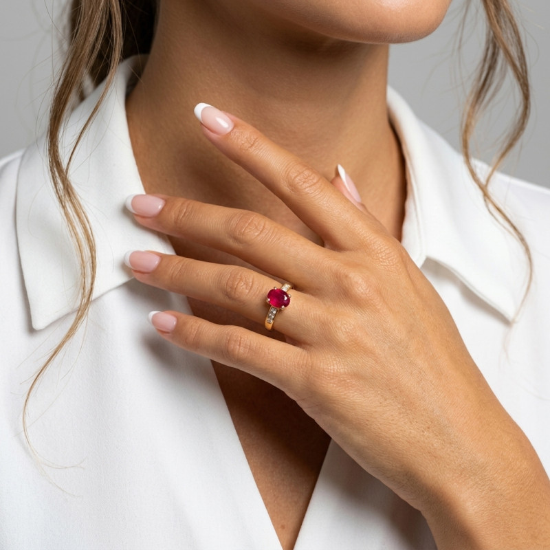 Bague Or Jaune 750 Rubis Ovale 9x7mm et diamants porté