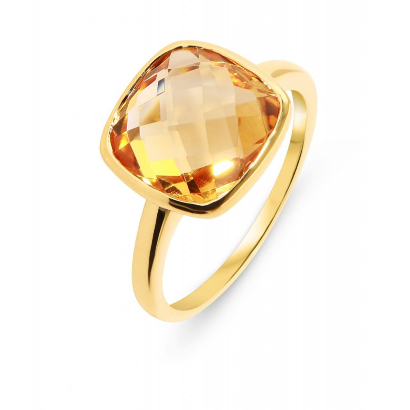 Bague Or Jaune Citrine Coussin 10mm