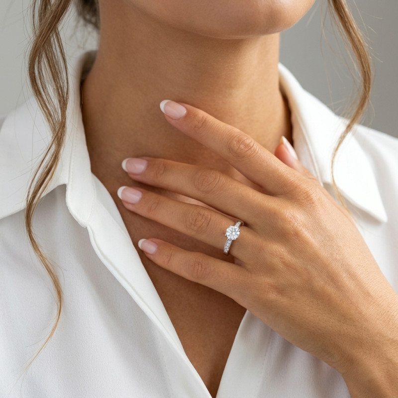 Bague Solitaire accompagné en Argent 925 Rhodié et Oxyde de zirconium porté
