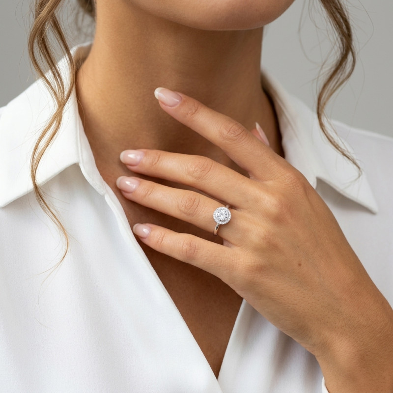Bague Solitaire Argent 925 rhodié et Oxyde de zirconium porté