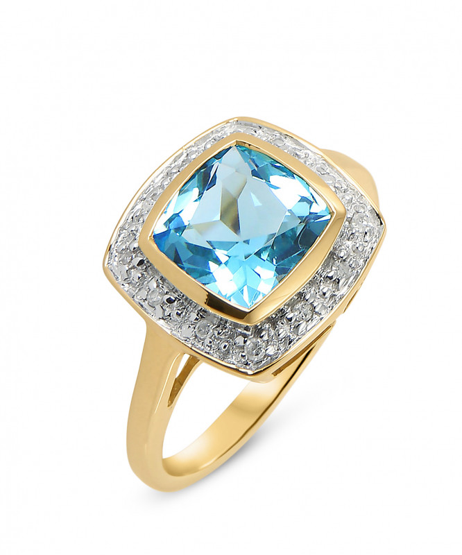 Bague Topaze bleue traitée Coussin 8mm et Diamant Or Jaune