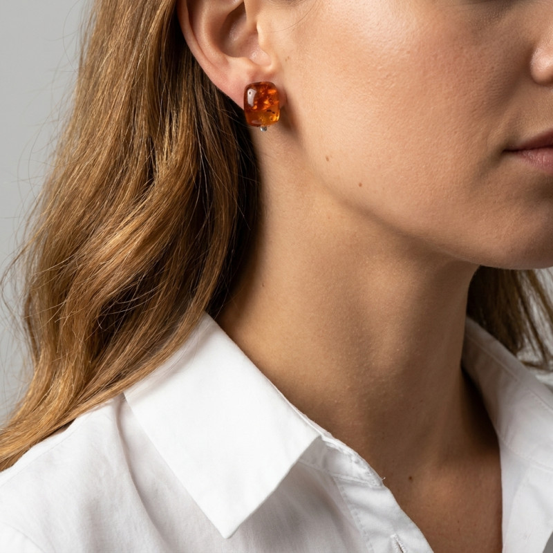 Boucles d'oreilles à clip Argent Ambre Coussin 14x12mm porté