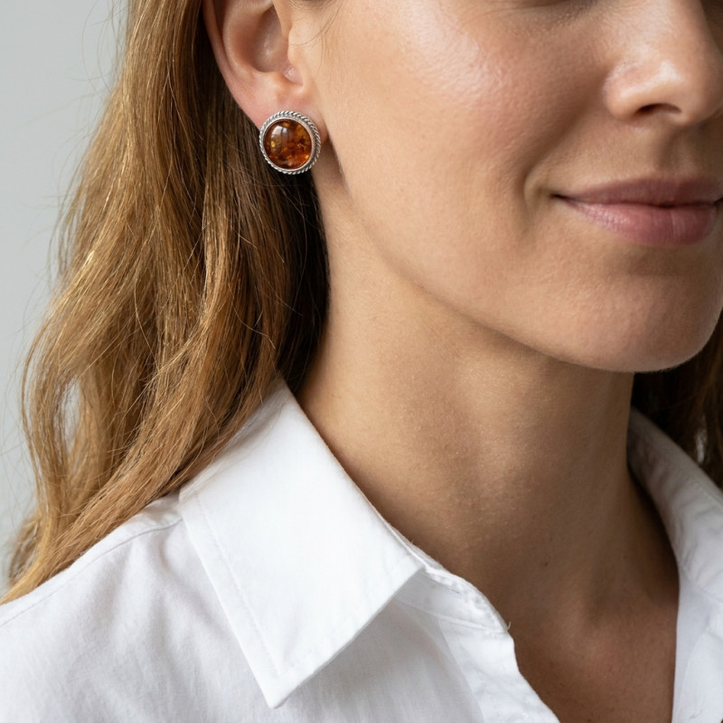 Boucles d'oreilles à clip Argent Ambre rond 13mm porté