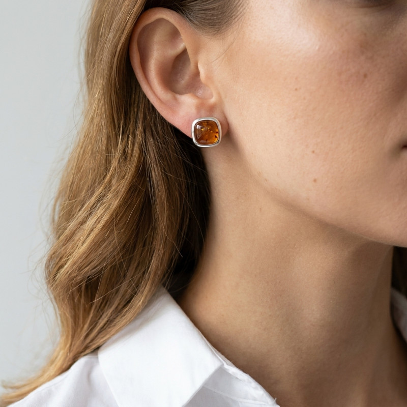 Boucles d'oreilles Ambre Coussin et Argent 925 porté