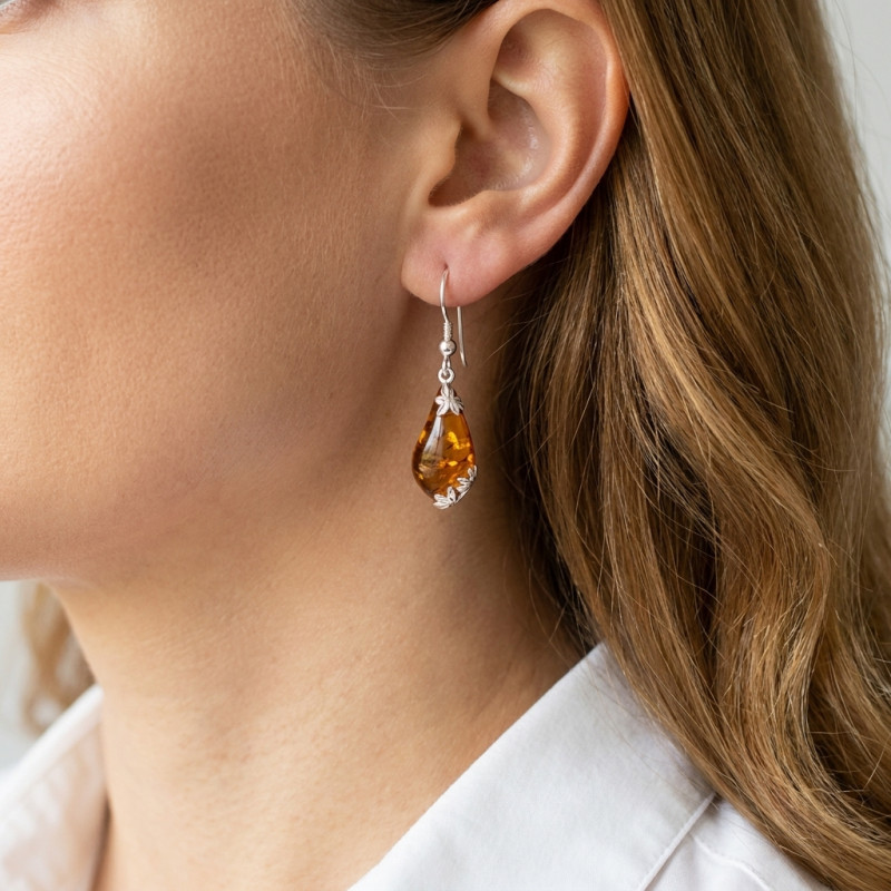 Boucles d'oreilles Ambre Goutte 19x10mm et Argent 925 porté