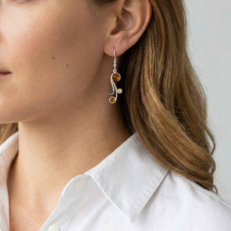 Boucles d'oreilles Ambre Multicolore et Argent 925 porté