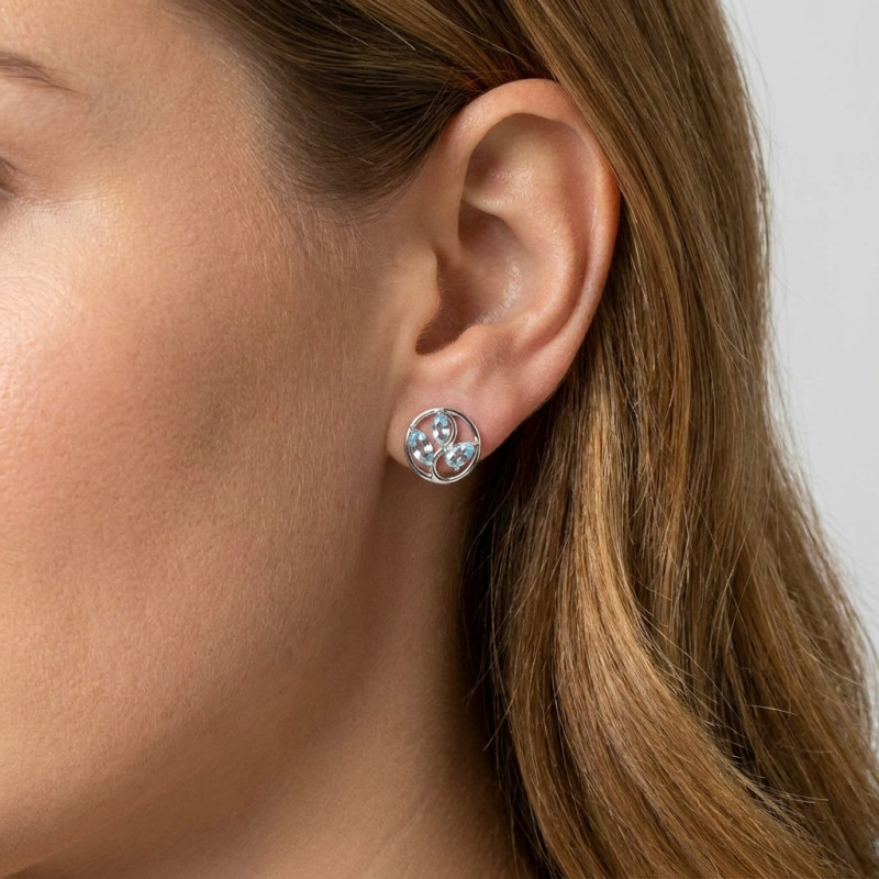 Boucles d'oreilles Arbre de Vie Argent et Topaze bleue traitée porté
