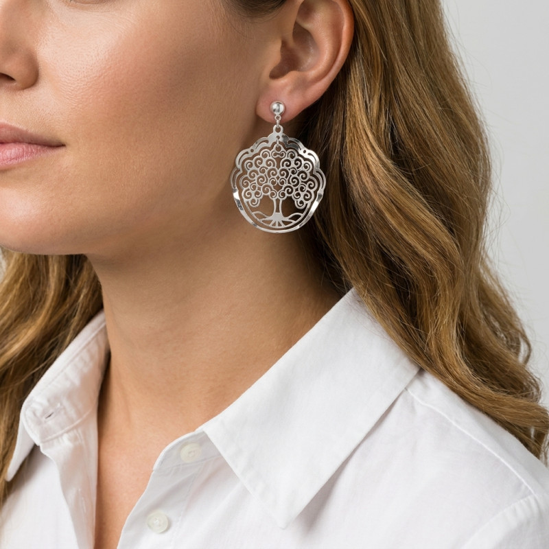 Boucles d'oreilles Arbre de vie en Argent 925 rhodié  porté