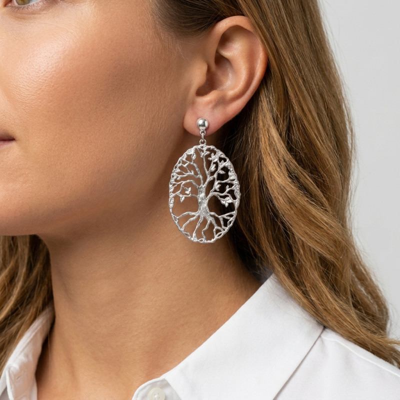 Boucles d'oreilles Arbre de vie en Argent 925 Rhodié porté