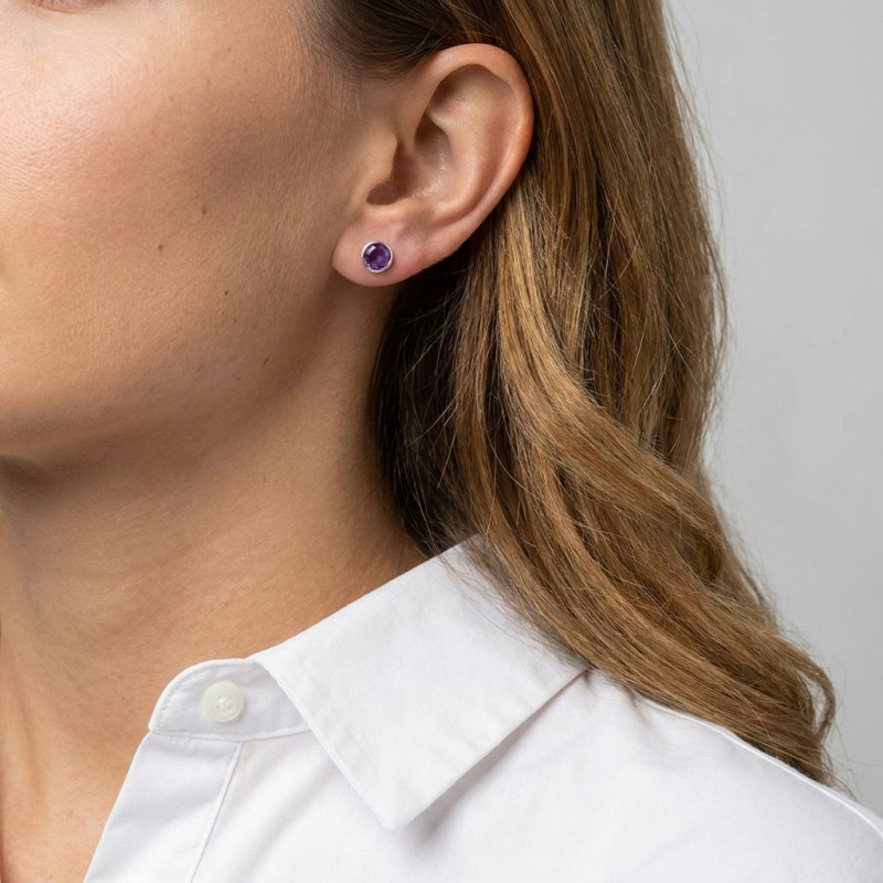 Boucles d'oreilles Argent 925  Améthyste Ronde facettée 5mm porté
