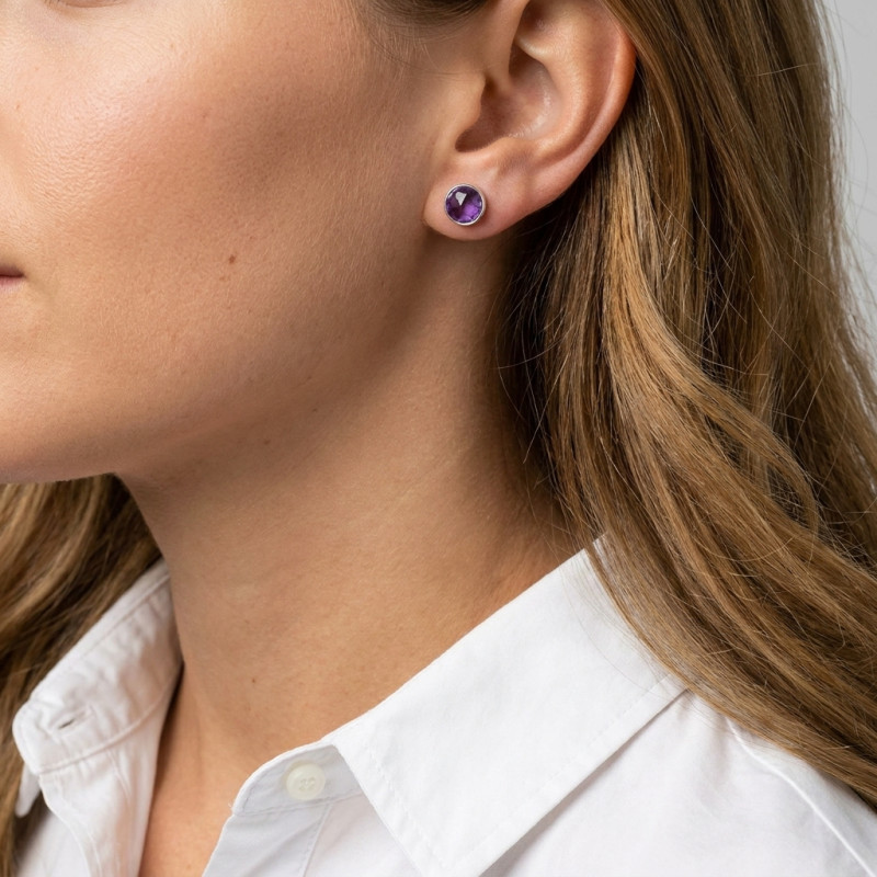 Boucles d'oreilles Argent 925 Améthyste Ronde facettée 7mm porté