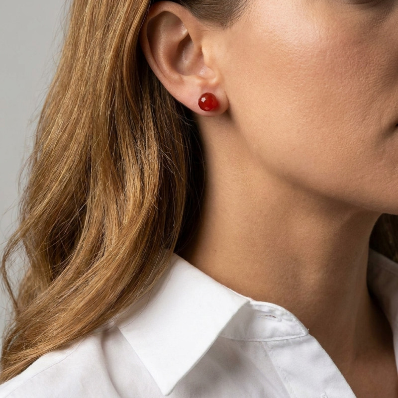 Boucles d'oreilles Argent 925 Cornaline Boules Facettées 8mm porté