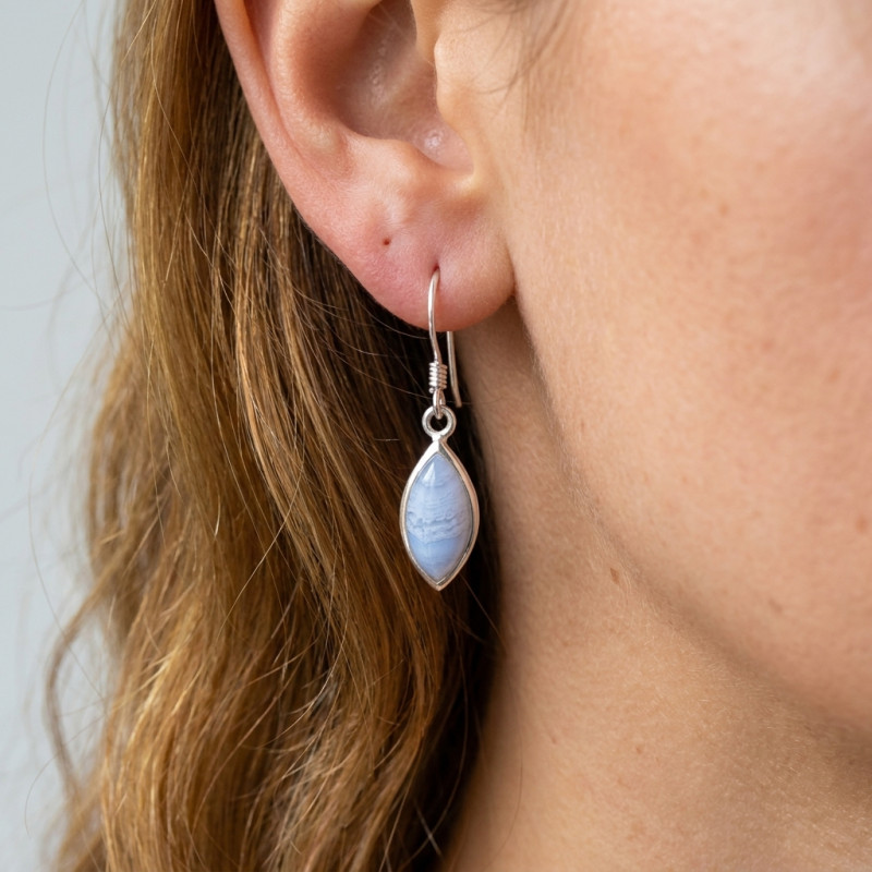Boucles d'oreilles Argent 925 et Calcédoine  Navette 14x7mm porté
