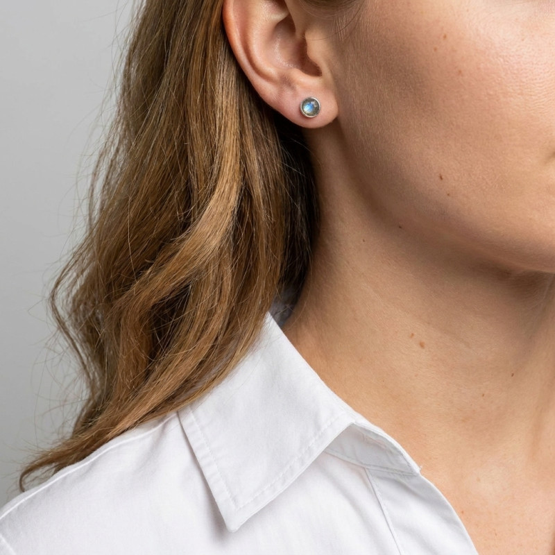 Boucles d'oreilles Argent 925  Labradorite Ronde facettée 5mm porté