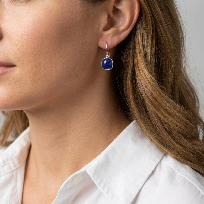Boucles d'oreilles Argent 925 Lapis lazuli Coussin 10x10mm porté