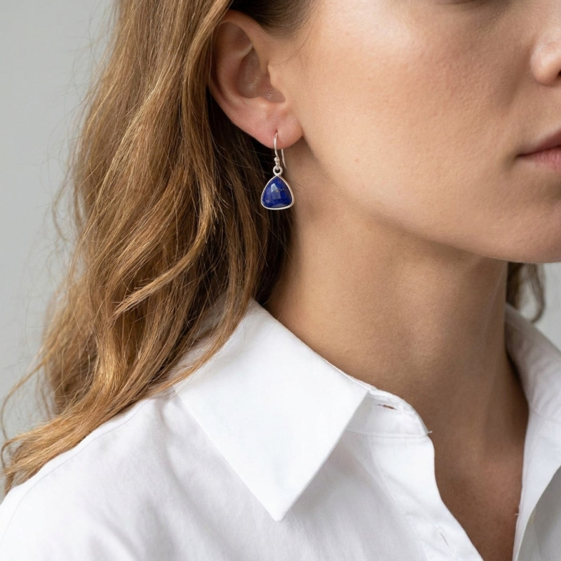 Boucles d'oreilles Argent 925 Lapis lazuli  Triangulaire 10x10mm porté