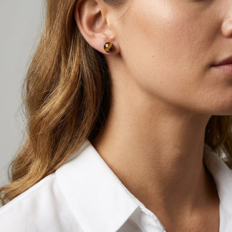 Boucles d'oreilles Argent 925 Oeil de tigre Boules Facettées 8mm porté