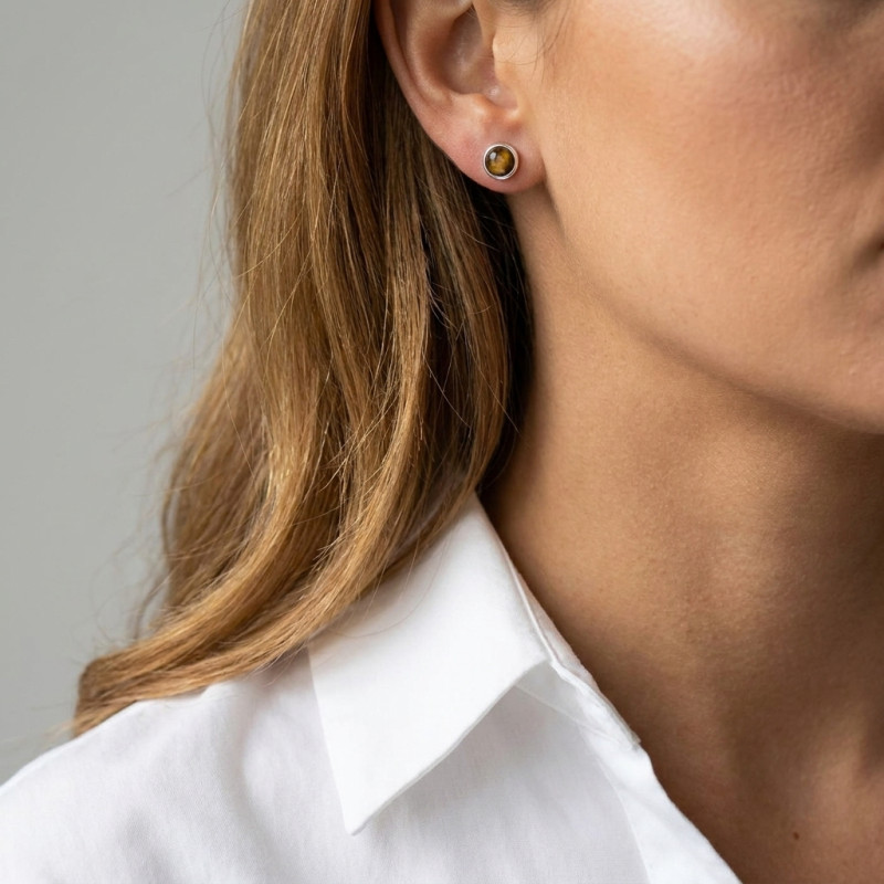 Boucles d'oreilles Argent 925 Oeil de Tigre Rond facetté 5mm porté