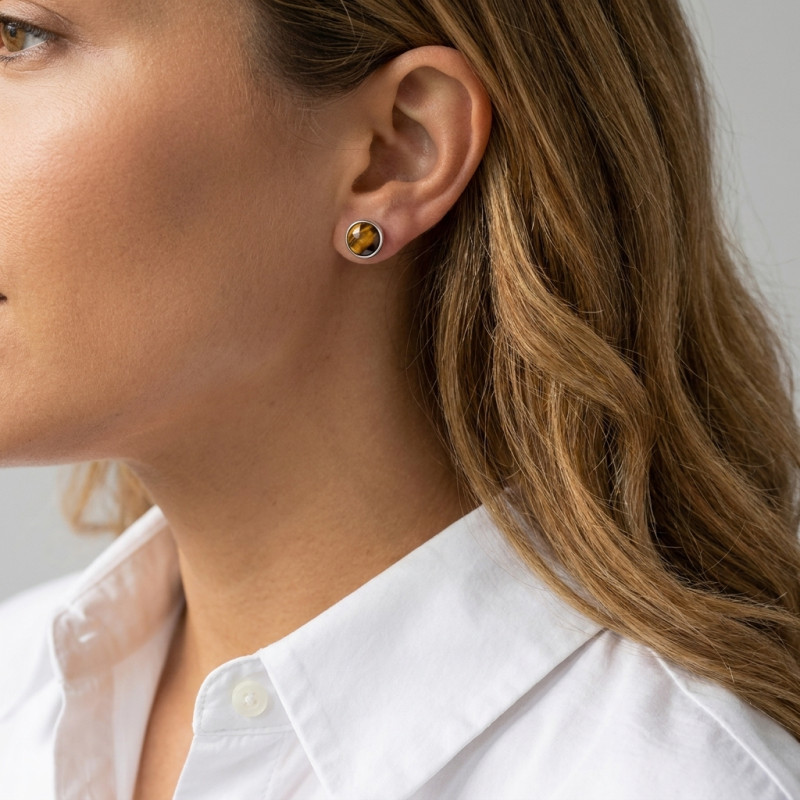 Boucles d'oreilles Argent 925 Oeil de tigre Rond facetté 7mm porté