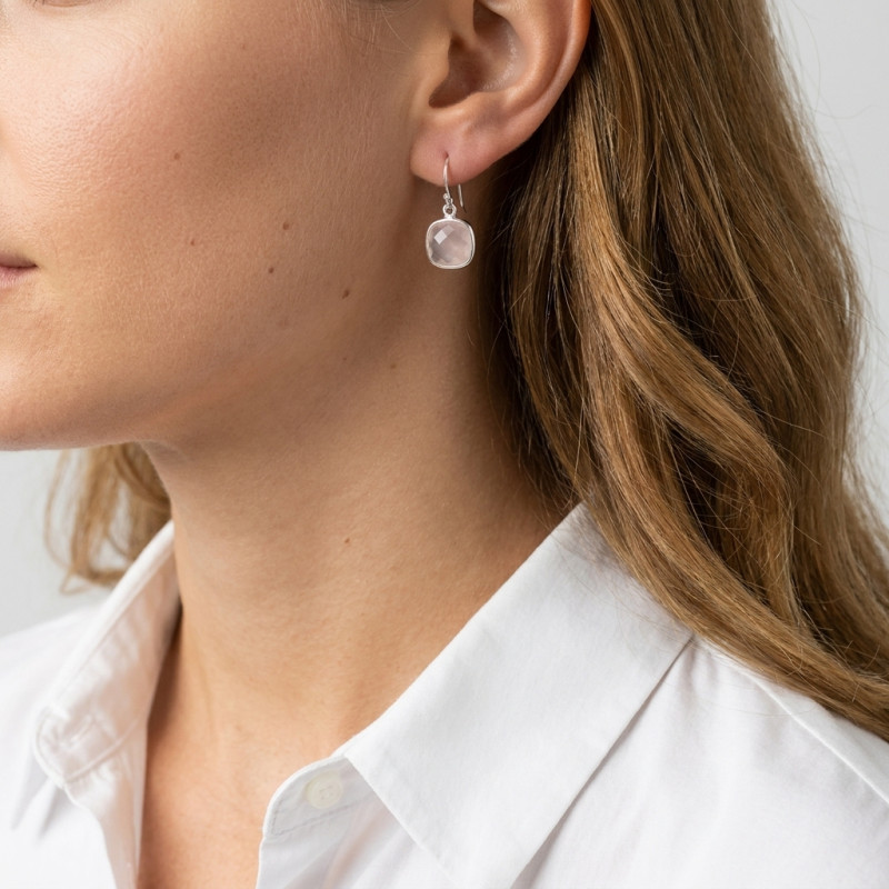 Boucles d'oreilles Argent 925 Quartz rose Coussin 10x10mm porté