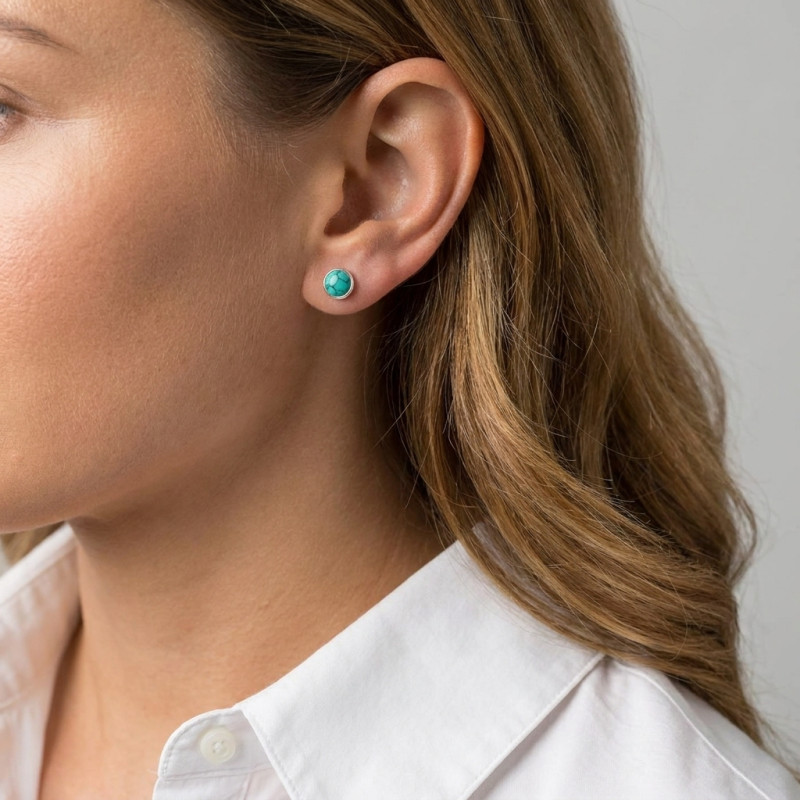 Boucles d'oreilles Argent 925  Turquoise Reconstituée Ronde facettée 5mm porté