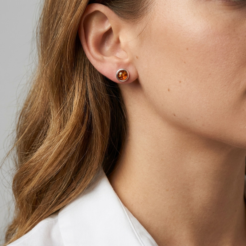 Boucles d'oreilles Argent  Ambre Demi Pierres 6mm porté