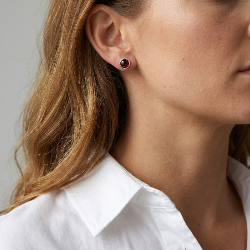 Boucles d'oreilles Argent  Ambre Foncé Demi Pierres porté