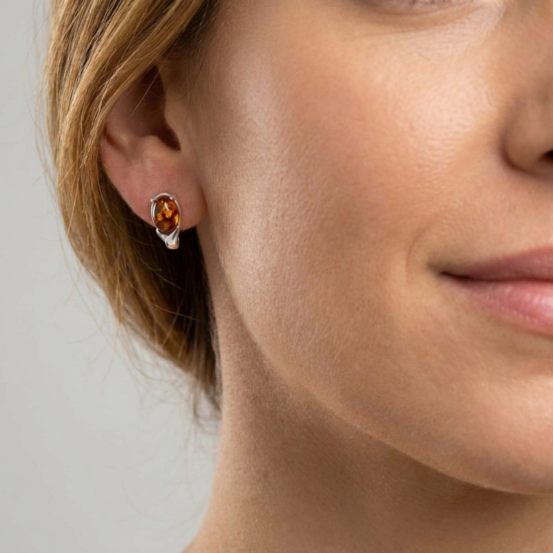 Boucles d'oreilles Argent  Ambre Ovale 10x6mm porté