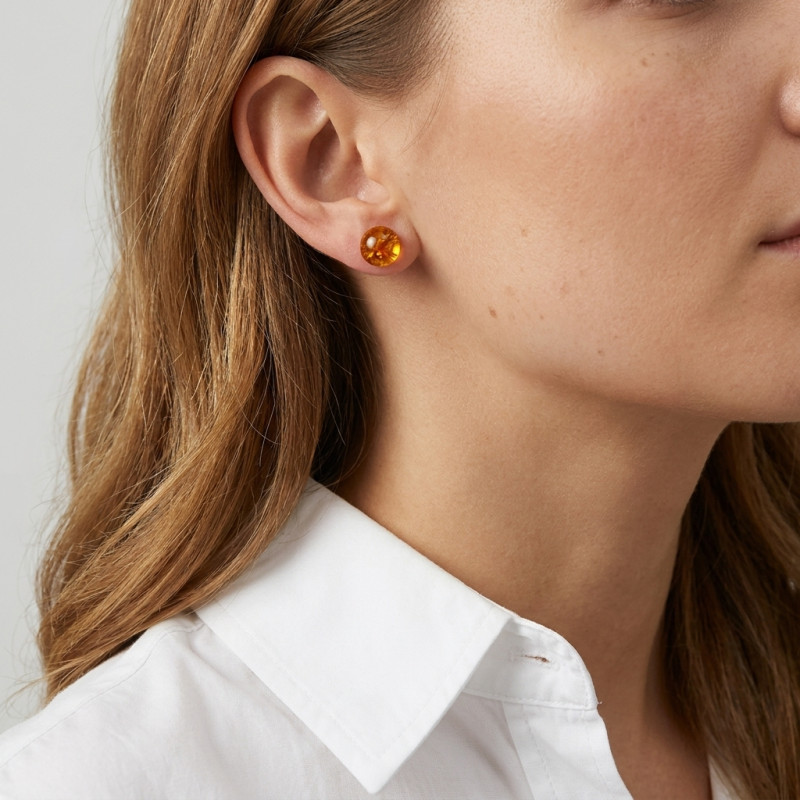 Boucles d'oreilles Argent Ambre Rond 11mm porté