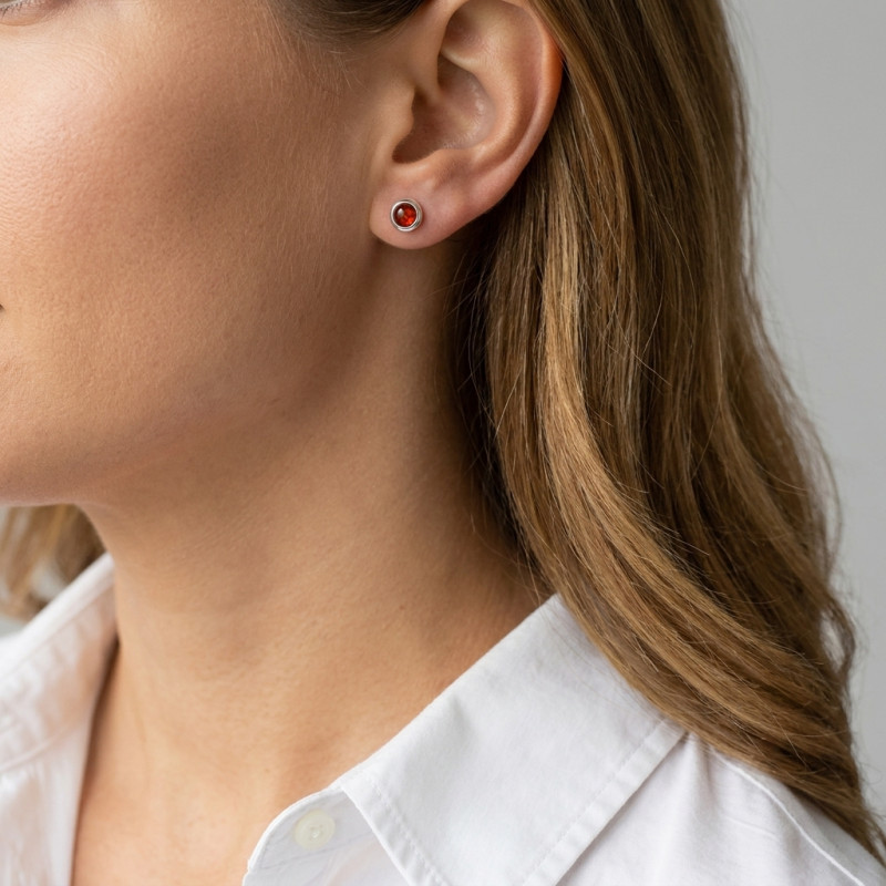 Boucles d'oreilles Argent  Ambre Rond 4mm porté