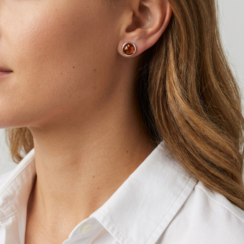 Boucles d'oreilles Argent  Ambre Rond 8mm porté