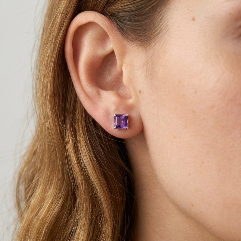 Boucles d'oreilles Argent  Améthyste carrée 6mm  porté