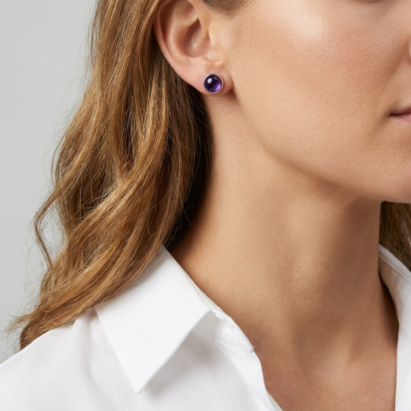 Boucles d'oreilles Argent Améthyste Rondes 8mm porté