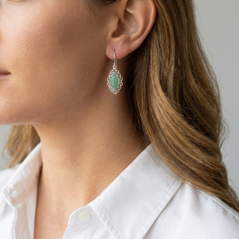 Boucles d'oreilles Argent Aventurine Navette 12x6mm porté